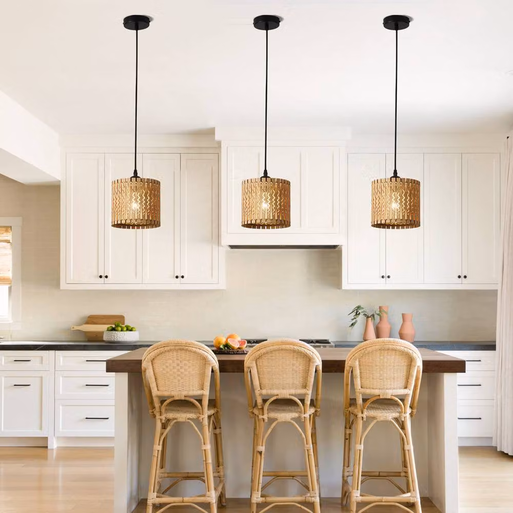 Garwarm Set of 3 Farmhouse Boho Wooden Pendant Lights in Natural Brown – 2
