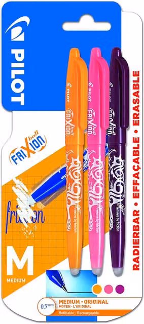 Pilot Frixion Erasable Rollerball Pens, 0.7mm, Pack of 3 in Orange, Pink and Purple