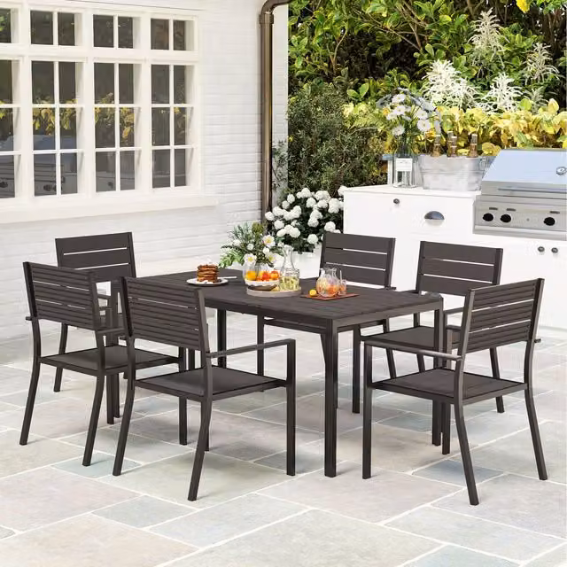 Outsunny 7 Piece Modern Brown Garden Furniture Set with Stackable Chairs