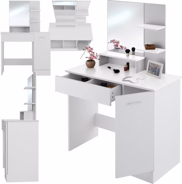 tectake Zoe Dressing Table with Mirror, Drawer, Cupboard and Storage Shelves in White