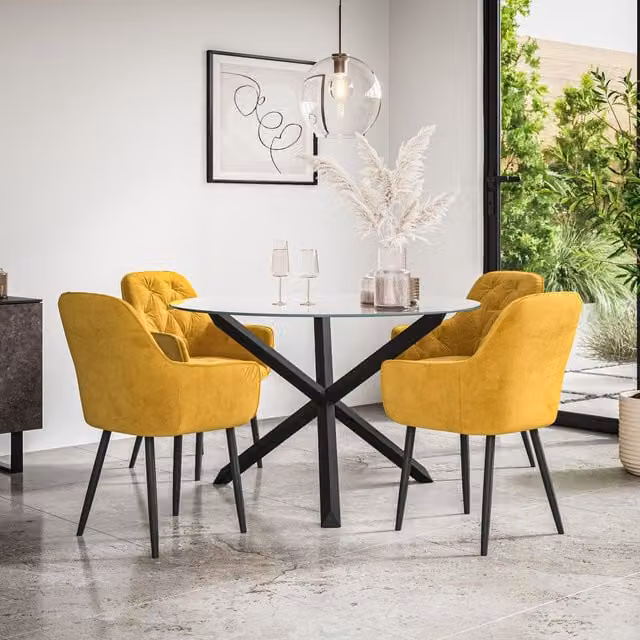 More4Homes Malvern Round Dining Table with Clear Glass Top and Solid Oak Black Legs and Anika Mustard Velvet Dining Chairs Set of 4 – 1