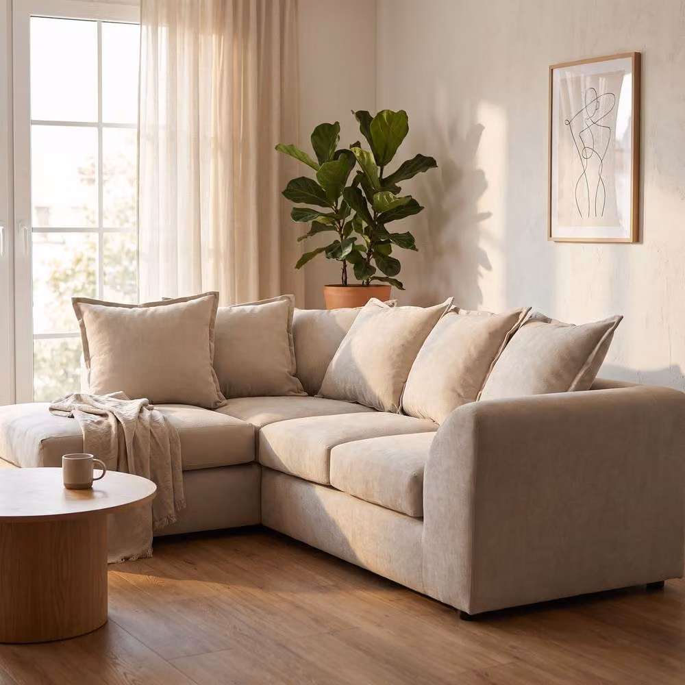 Abakus Direct Dexter Relaxed Linen Left Facing Corner Sofa with Plush Chaise in Light Grey – 3