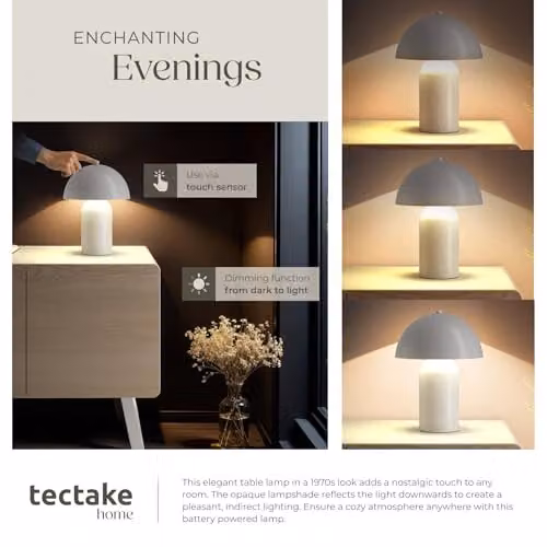 tectake Mushroom Table Lamp in White Coated Steel, Rechargeable Cordless Portable Touch Light with 3-Step Dimming Function – 3