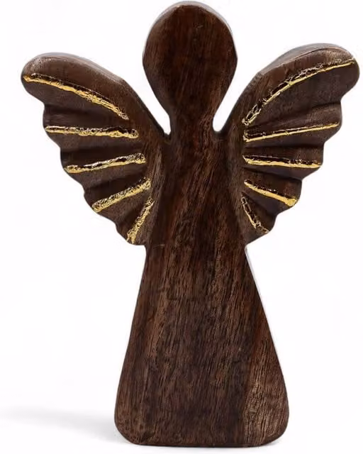KDMD Large Hand-Carved Mango Wood Angel Tabletop Decor with Gold Wings in Brown – 1