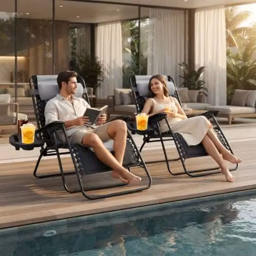 Alivio Set of 2 Padded Gravity Sunloungers in Black with Cup Holders and Side Tray – 1