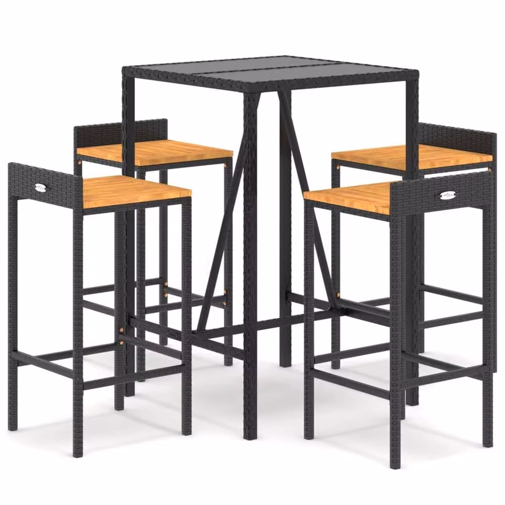 Berkfield Home 5 Piece Garden Bar Set in Black Poly Rattan and Solid Acacia Wood – 2
