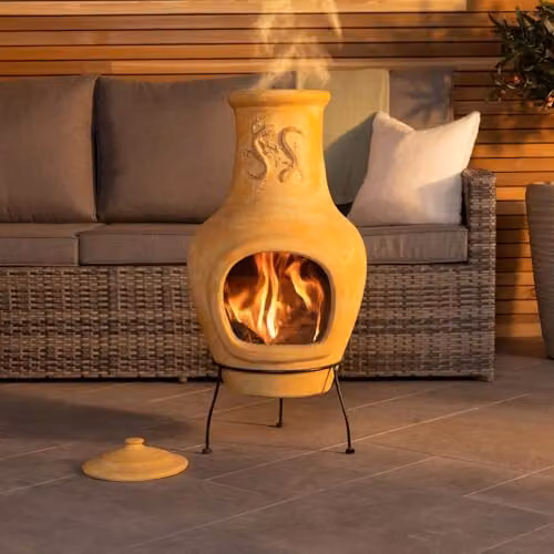 Charles Bentley Terracotta Clay Chiminea with Steel Stand, Orange, H 80 cm x W 40 cm