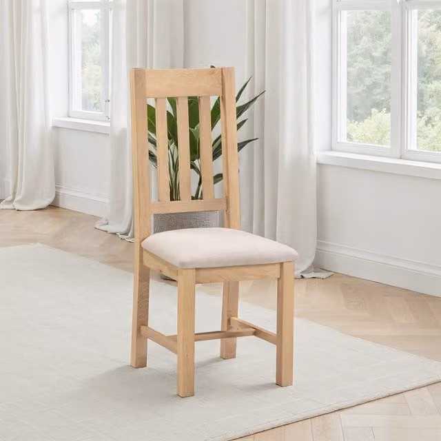 Seconique Classic Oak Dining Chairs with Beige Fabric Seats, Pack of 2