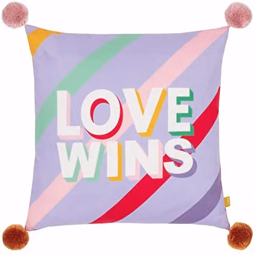Furn Love Wins Slogan Pom Pom Cushion in Purple and Pink, W/D/H: 43 x 43 x 43 cm