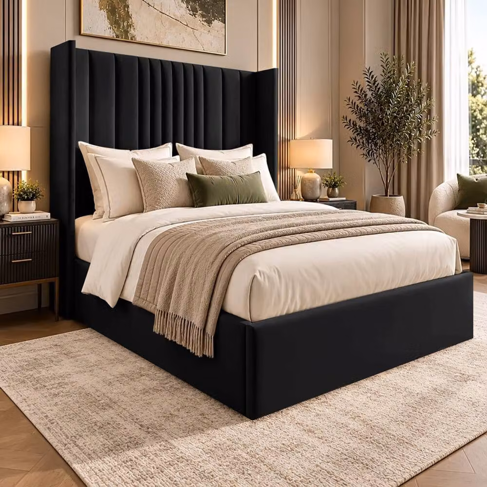 Desire Deco Adeline Upholstered Wingback Bed Frame in Black Plush Velvet, Super King Size (200 x 200 cm) – 2