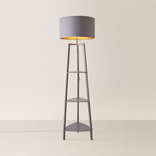 ValueLights Hiru Grey 3 Tier Wooden Shelf Floor Lamp with Grey and Copper Shade, H 155 cm x W 45 cm x D 45 cm