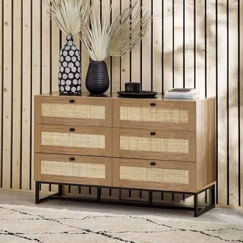 Julian Bowen Padstow Rattan and Oak 6 Drawer Chest in Brown, W/D/H: 120 x 40 x 75 cm – 2