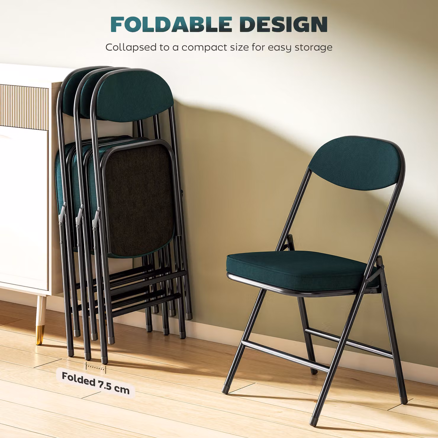 HOMCOM Set of Four Blue Corduroy Folding Dining Chairs with Metal Frame – 4