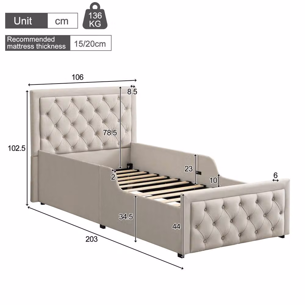 BTM Single Upholstered Hydraulic Storage Bed Frame with Velvet Headboard, Beige, W/D/H: 90 x 190 cm – 2