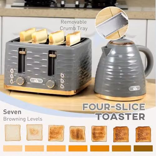 HOMCOM Kettle and 4 Slice Toaster Set in Grey with 1.7L Rapid Boil Kettle and 1600W Toaster featuring Auto Shut-off – 3