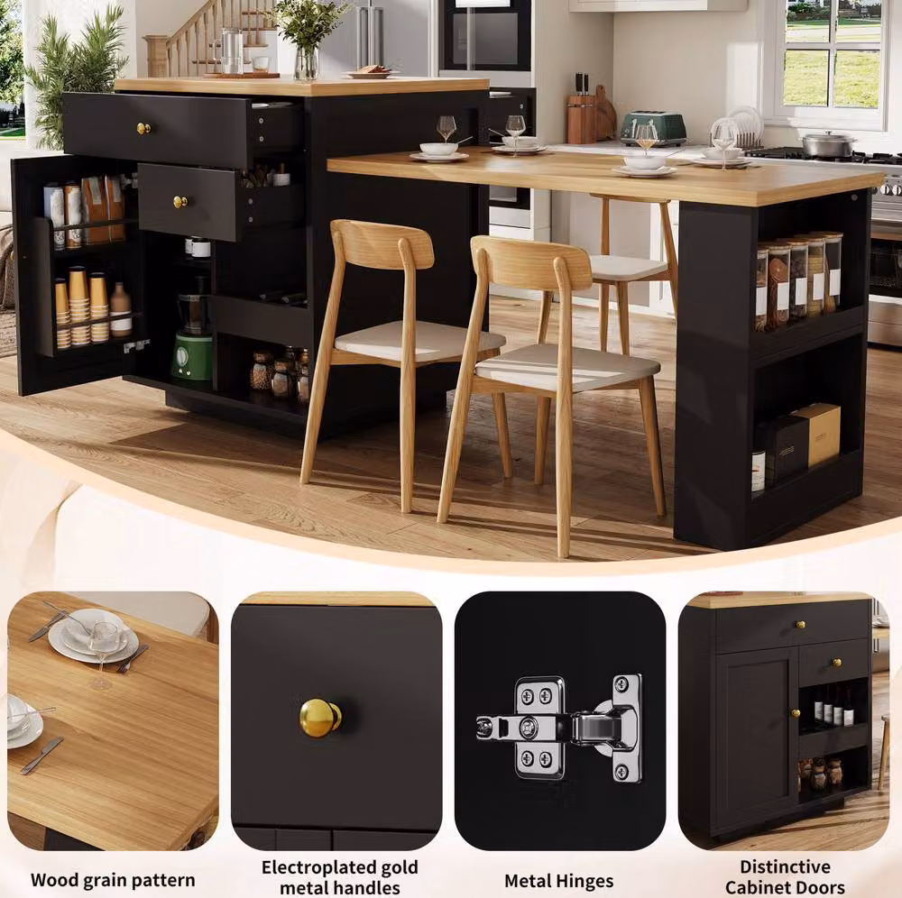 STILVORA Kitchen Island with Extendable Table and Storage in Black – 8