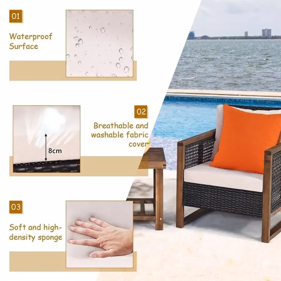 Costway 3-Piece Outdoor Patio Furniture Set with Acacia Wood Coffee Table and Brown Polyrattan Lounge Armchairs with Upholstered Cushions – 3