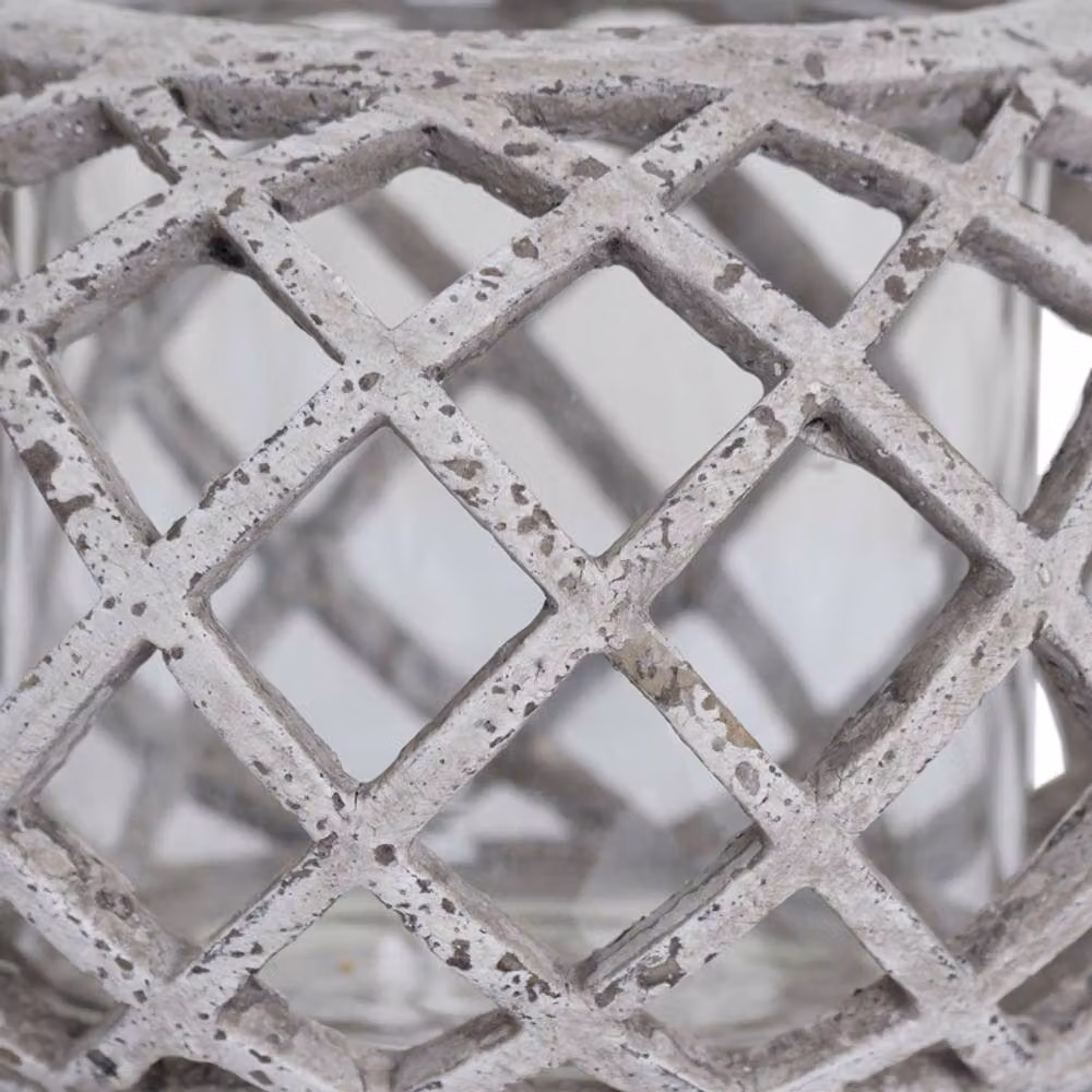 Lemon Pavilion Round Lattice Ceramic Hurricane Lantern in Grey, W: 17 cm, D: 17 cm, H: 11 cm – 2