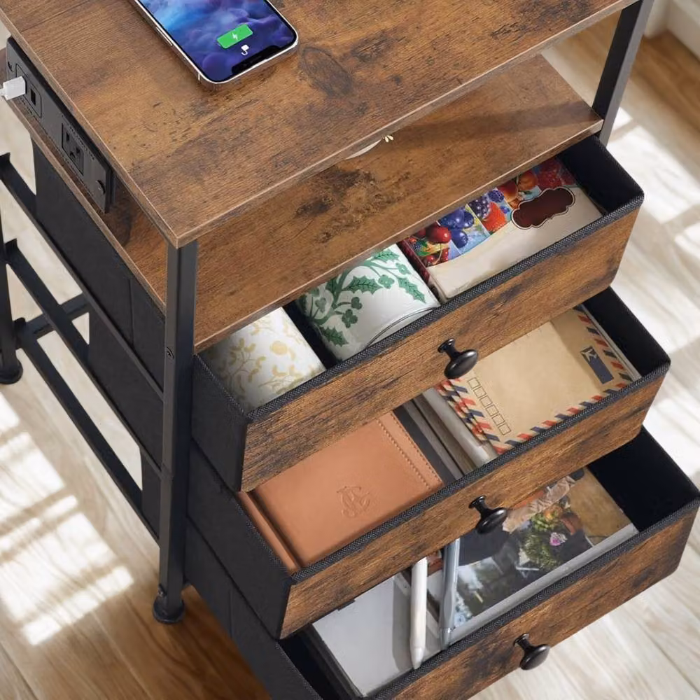FURNOS Smart Bedside End Table with 3 Drawers and USB Ports, Brown, W/D/H: 60 x 39 x 29 cm – 3