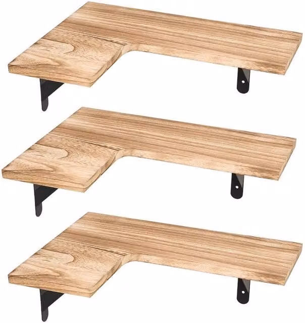 Kelvenix L-Shape Corner Floating Shelves, Brown Rustic Wood and Metal Wall Mounted