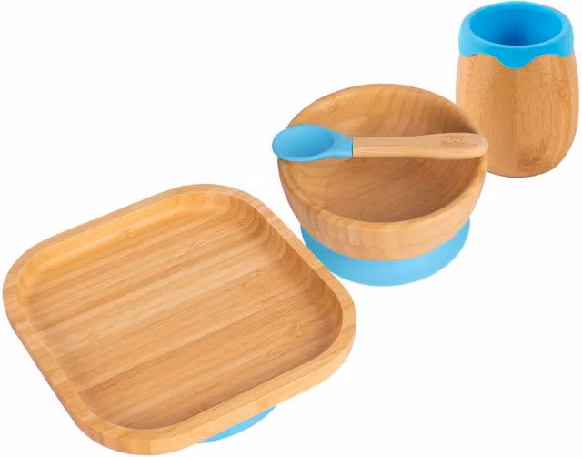 Tiny Dining 4pc Square Bamboo and Silicone Suction Baby Feeding Set in Blue