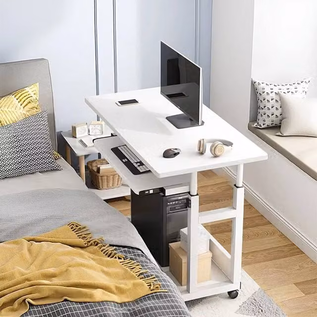 KORVIXA White Height-Adjustable Computer Desk with Castors, W/D/H: 100 x 100 x 85 cm