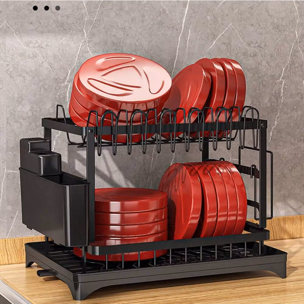 Havendro 2 Tier Sink Dish Drainer Rack with Drip Tray and Cutlery Holder in Black – 2