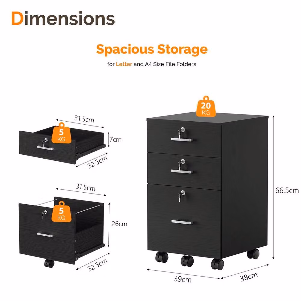 EONLION Black Wooden 3-Drawer Rolling File Cabinet Organiser – 2