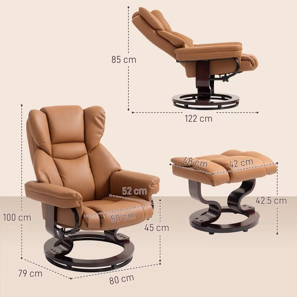 STILVORA Brown Faux Leather Recliner Armchair with Ottoman and 360 Degree Swivel Function – 4