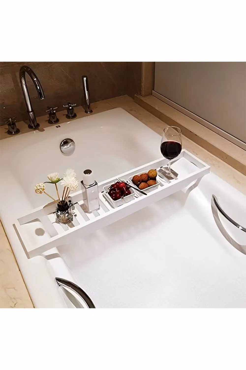 Living and Home Bamboo Bath Tray Bathtub Caddy in White – 2