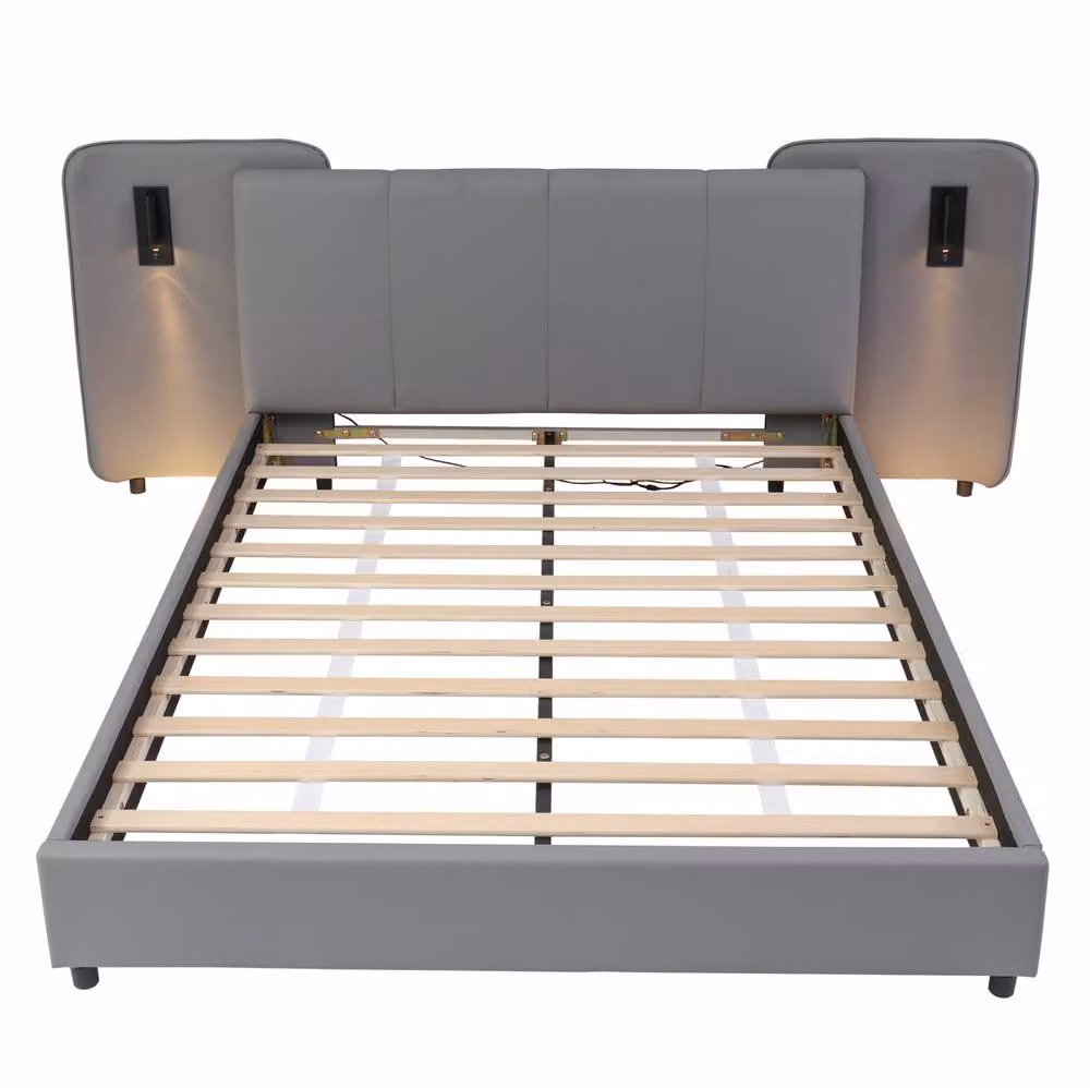 STILVORA Grey Upholstered Double Bed with USB Charging Port, Integrated Reading Light and Under-Bed Lighting, W/D/H: 140 x 200 x 135 cm – 4