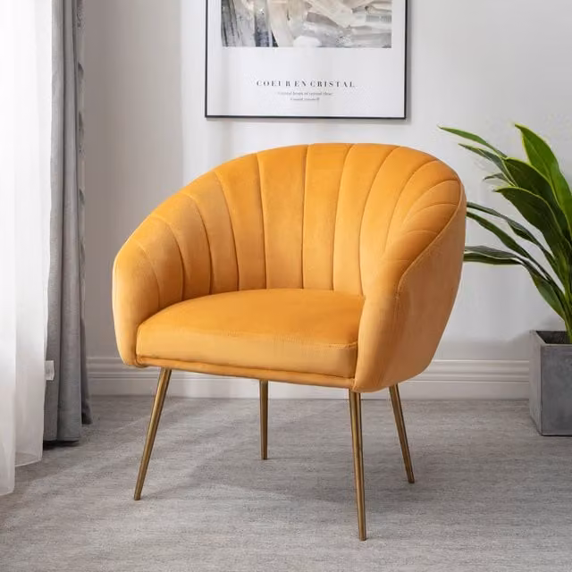 Artemis Home Helena Shell Accent Chair in Yellow Velvet with Bronze Details and Solid Wood Frame