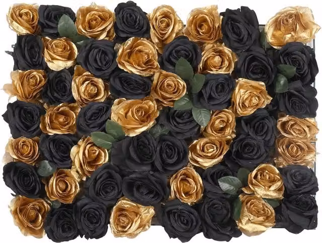 Trimming Shop Artificial Floral Wall Panels with Black and Gold Roses and Leaves