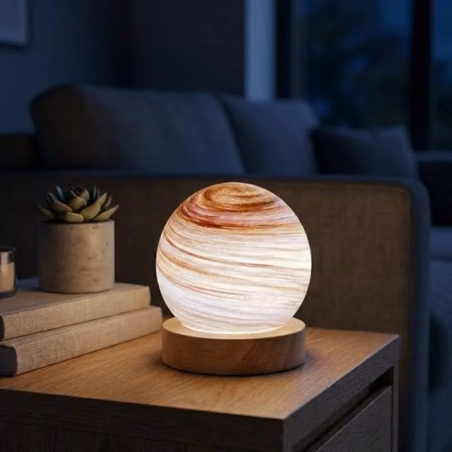 Garden Greatness Aurora Red Planetary Radiant Light, Dimmable Multicolour Glass Sphere Tabletop Lamp with Wood Base