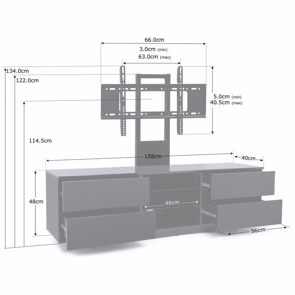 Centurion Supports AVITUS Gloss Black TV Cabinet with 4 Walnut Drawers and Mounting Arm for up to 65 inch TVs, W/D/H: 158 x 40 x 48 cm – 4