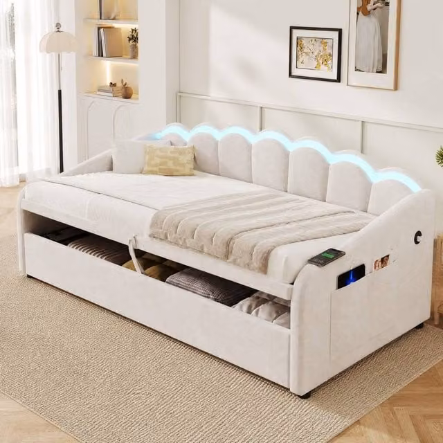 STILVORA Upholstered Velvet Daybed in Beige with Lift-Up Storage, LED Lighting and USB Charging Port, W/D/H: 90 x 190 x 91.44 cm – 1