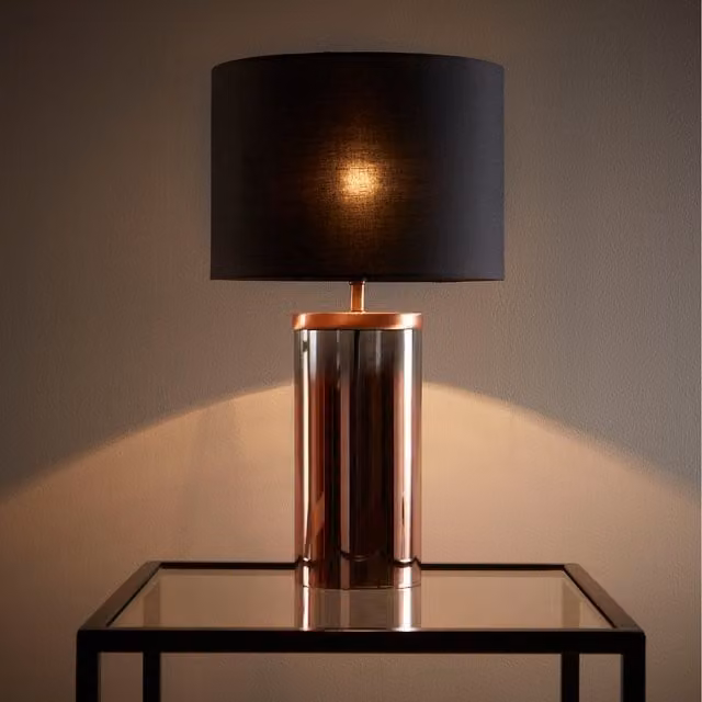 K LIVING Modern Glass and Copper Table Lamp with Black Fabric Cylinder Lampshade