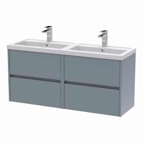 Balterley Wall Hung 4 Drawer Bathroom Vanity Unit with 2 Rectangular Basins in Coastal Grey, W/D/H: 120.5 x 38.5 x 57.9 cm – 1