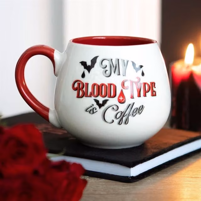 KDMK My Blood Type Is Coffee Ceramic Mug, Red and White, 500 ml