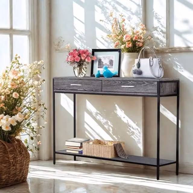 FURNOS 2 Tier Grey Console Table with Drawers for Entryway and Hallway, W: 81.5 cm, D: 30 cm, H: 50 cm – 1