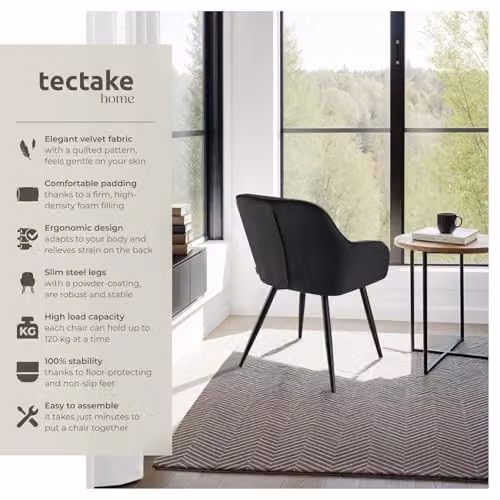 tectake Set of 4 Marilyn Dining Chairs with Velvet Fabric and Geometric Pattern in Black – 4