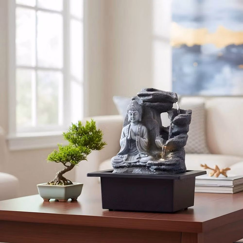 EONLION Black and Grey Buddha Statue Tabletop Water Fountain with LED Light – 3