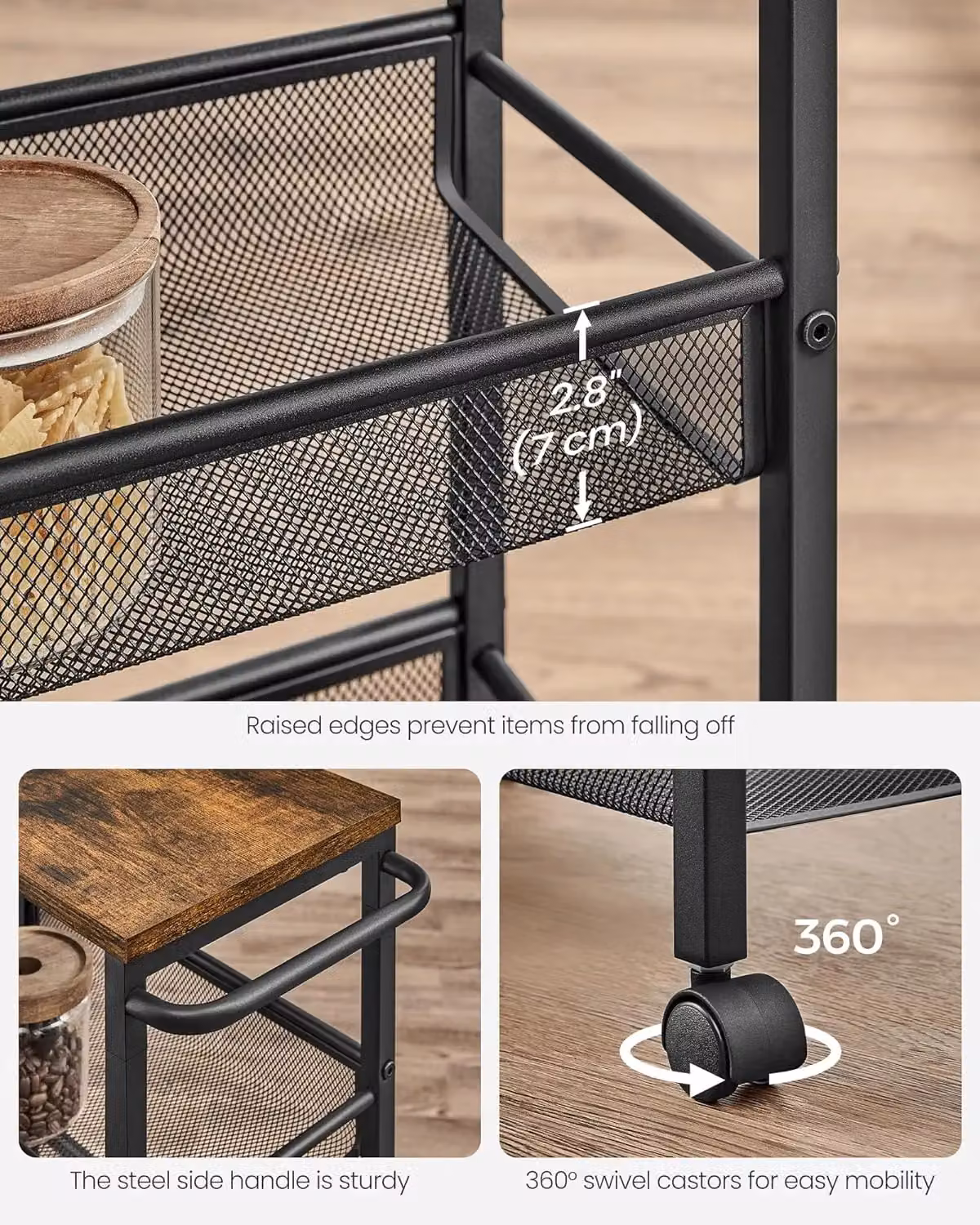 VASAGLE 4-Shelf Rolling Kitchen Cart with Castors and Handle in Black – 4