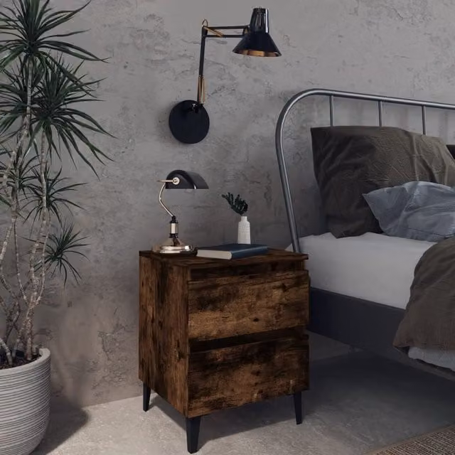 Berkfield Home Set of 2 Smoked Oak Bedside Cabinets with Metal Legs, Brown, W: 40 cm, D: 35 cm, H: 50 cm
