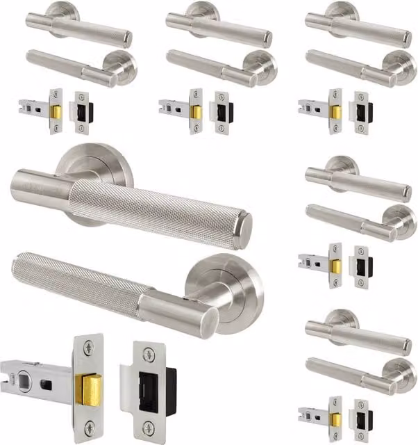 AFIT Knurled Round Rose Door Handles with Latch, 6 Pairs, Satin Nickel Silver – 1