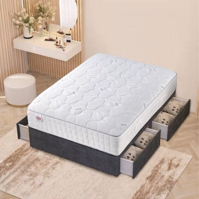 Horizona Hybrid Upholstered Velvet Divan Bed with Drawers in Anthracite Grey, W/D: 120 x 200 cm