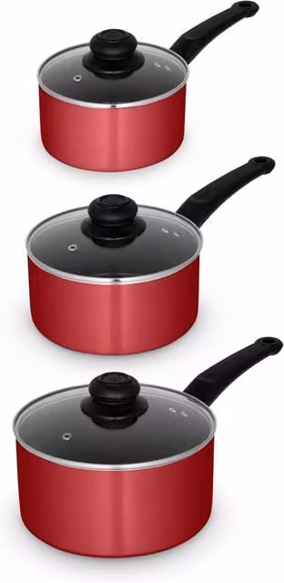 Swan 3 Piece Ceramic and Aluminium Saucepan Set with Lids in Black and Red