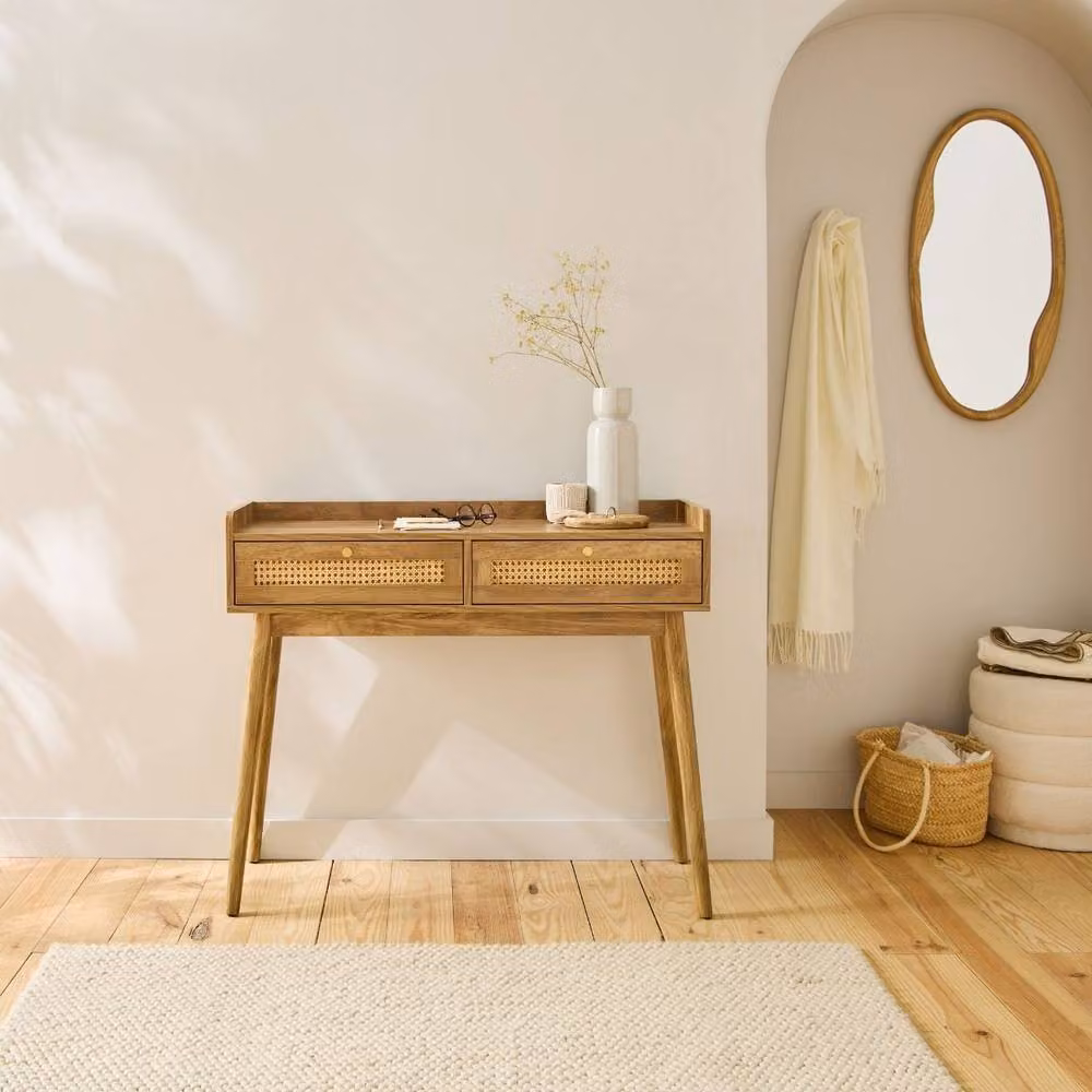 CALICOSY PALMO 2-Drawer Console Table with Rattan Fronts in Light Brown – 2