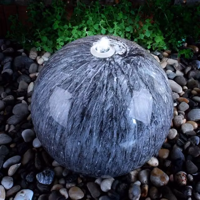 Primrose Echo Falls Round Marble Sphere Water Feature with LEDs in Dark Grey, Diameter: 50 cm