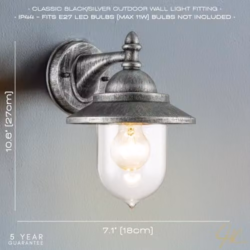 Happy Homewares Classic Style Outdoor Metal Wall Lamp Lantern in Brushed Black and Silver with Transparent Polycarbonate Shade, W/D/H: 27 x 18 x 22 cm – 3